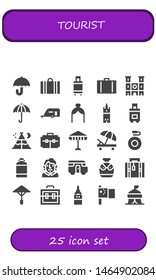 tourist icon set. 25 filled tourist icons.  Collection Of - Umbrella, Suitcase, Notre dame, Caravan, Arch, Giralda, Tent, Sunbed, Canteen, Becquer, Luggage, Galata tower, China