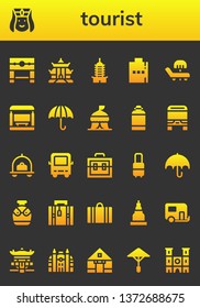 tourist icon set. 26 filled tourist icons.  Simple modern icons about  - Pillory, Armenian, Pagoda, Hip flask, Sunbed, Bus stop, Umbrella, Tent, Canteen, Bus, Luggage, Suitcase