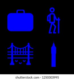 tourist icon set about case bag, trekker, bridge and tower vector set
