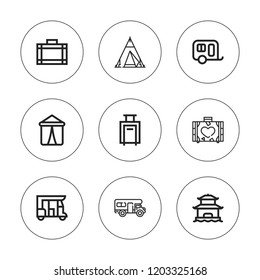 Tourist icon set. collection of 9 outline tourist icons with caravan, luggage, pagoda, suitcase, tuk tuk icons. editable icons.