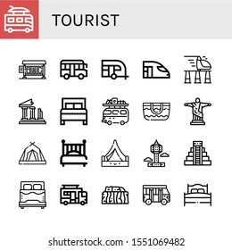 tourist icon set. Collection of Camper, Bus stop, School bus, Caravan, High speed train, Ruins, Bed, Camper van, Beach bag, Christ the redeemer, Tent, Park tower, Mayan pyramid icons
