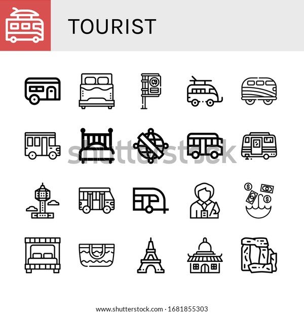 tourist icon set.\
Collection of Camper, Caravan, Bed, Bus stop, School bus, Armillary\
sphere, Park tower, Tour guide, Umbrella, Beach bag, Eiffel tower,\
Temple, Stonehenge\
icons