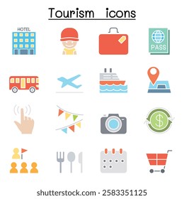 Tourist icon set  in flat color style