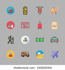 tourist icon set. vector set about sleeping bag, flight, money id and duty icons set.