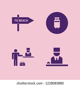 tourist icon. tourist vector icons set check in hotel, travelling luggage, hotel reception and beach direction