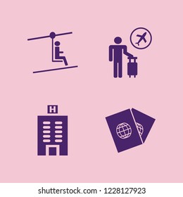 tourist icon. tourist vector icons set tourist flying, man on cable car, hotel building and passports