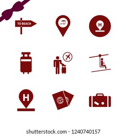 tourist icon. tourist vector icons set man on cable car, travelling luggage, passports and tourist flying