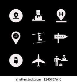 tourist icon. tourist vector icons set hotel location, check in hotel, plane and man on cable car