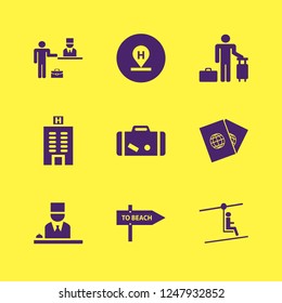 tourist icon. tourist vector icons set beach direction, check in hotel, hotel location and hotel building