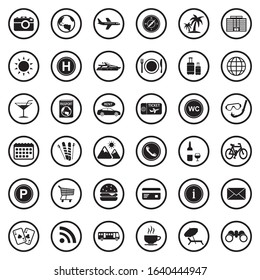 Tourist Icons. Black Flat Design In Circle. Vector Illustration.