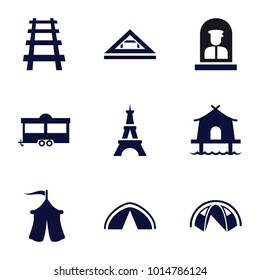 Tourist icons. set of 9 editable filled tourist icons such as eiffel tower, trailer, railway, tent, airport officer