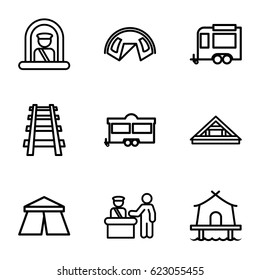Tourist icons set. set of 9 tourist outline icons such as pass control, airport officer, tent, Louvre, trailer