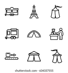 Tourist icons set. set of 9 tourist outline icons such as pass control, tent, eiffel tower, trailer