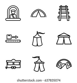 Tourist icons set. set of 9 tourist outline icons such as airport officer, tent, trailer, railway