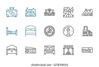 tourist icons set. Collection of tourist with boarding pass, temple of apollo, bed, plane ticket, suitcase, info, tent. Editable and scalable tourist icons.