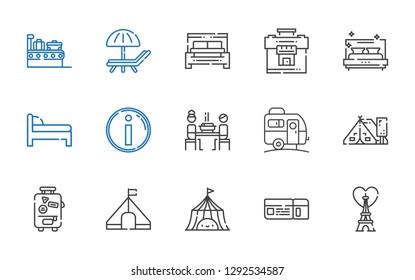 tourist icons set. Collection of tourist with eiffel tower, boarding pass, tent, suitcase, caravan, korean, info, bed, sunbed. Editable and scalable tourist icons.