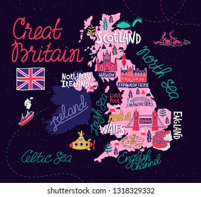 Tourist illustrated map of the Great Britain. Travel and attractions of the United Kingdom