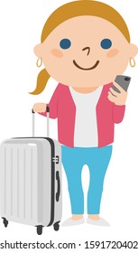 Tourist illustration.A foreign woman walking with a big suitcase.