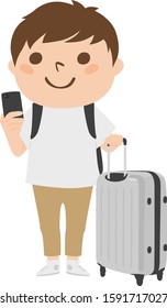 Tourist illustration.A man walking with a big suitcase.