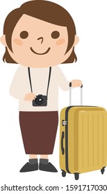 Tourist illustration.A woman walking with a big suitcase.