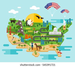 Tourist infographics about America. National symbols. Famous attractions. Welcome to the USA