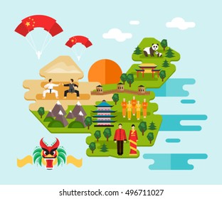 Tourist infographics about China. National symbols, national costumes. Famous attractions. Welcome to China
