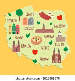 Tourist infographics about Poland. National symbols. Famous attractions. Cartoon  illustrated map with temples, dishes, trees. Big cities. Colored vector illustration