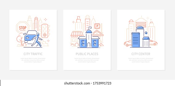Tourist information - line design style banners set with place for text. City traffic and center, public places illustrations. Road scene, buildings, district icons. Wayfinding, travel guide concept