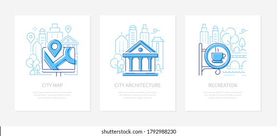 Tourist information - line design style banners set with place for text. City map and architecture, recreation illustrations. Historical building, route and navigation, cafe icons. Wayfinding, travel
