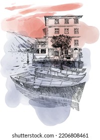 A tourist italy city and garda lake. Watercolor sketch illustration svg