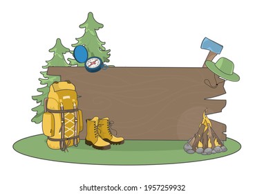 Tourist items and a bulletin board. Set of items for comfortable camping. Space for your text. Background, frame, design element. EPS 10.