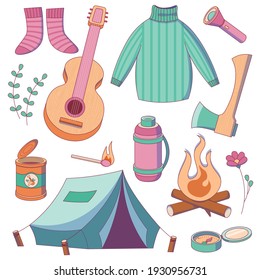 Tourist items for hiking. Vector icons collection