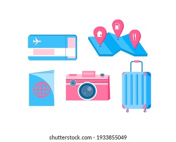 Tourist items vector illustration isolated on white background. Camera,air ticket,suite case,map,passport.
