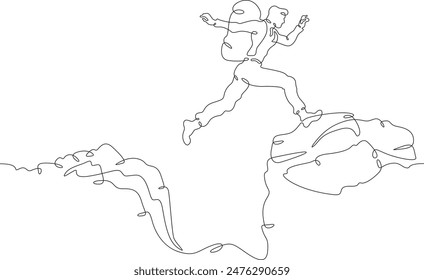 Tourist jumping over the abyss. Jump in the mountains. Mountain climbing .Tourist with a backpack.One continuous line. Line art. Minimum one line. White background. One line drawing.