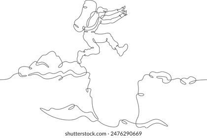 Tourist jumping over the abyss. Jump in the mountains. Mountain climbing .Tourist with a backpack.One continuous line. Line art. Minimum one line. White background. One line drawing.