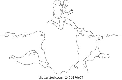 Tourist jumping over the abyss. Jump in the mountains. Mountain climbing .Tourist with a backpack.One continuous line. Line art. Minimum one line. White background. One line drawing.