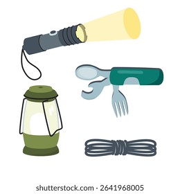 Tourist kit with lanterns, knife and coil rope. Portable lantern, hand torch with beam of light and folding knife with  fork, spoon and bottle opener. Vector cartoon design set for banner, poster.