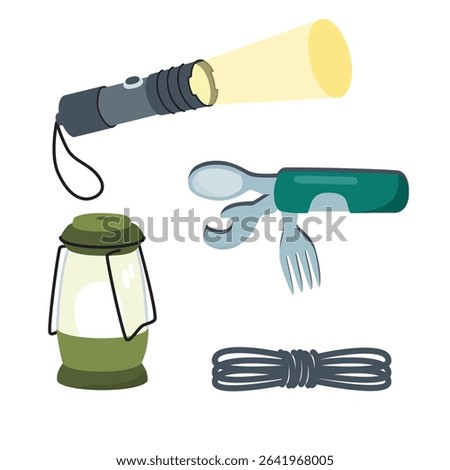Tourist kit with lanterns, knife and coil rope. Portable lantern, hand torch with beam of light and folding knife with  fork, spoon and bottle opener. Vector cartoon design set for banner, poster.