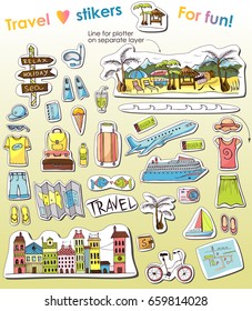 tourist kit, travel stickers, items for traveling, travel illustration in doodle style