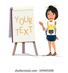 tourist lady presenting something on paperboard. travel - vector illustration