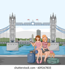 Tourist lady traveling with luggage near London Bridge in vector