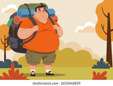 Um turista com uma mochila grande contra o fundo de uma paisagem de outono