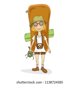 tourist with a large backpack. female. character for a cartoon or postcard