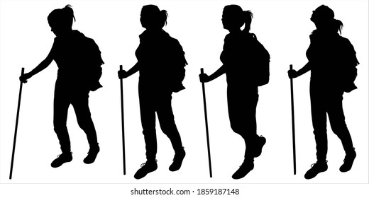 Tourist with a large backpack on her back. Group of girls follow each other. Woman with a walking stick in her hands. Hiking. Four black female silhouettes are isolated on a white background.