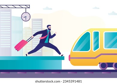 Tourist is late for train. Time management problem. Man missing train. unfortunate passenger running in railway platform to catch leaving wagon, late for departure, losing. flat vector illustration