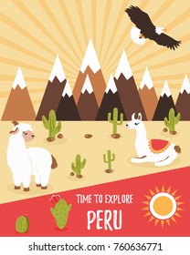 Tourist leaflet of Peru with cute lamas 