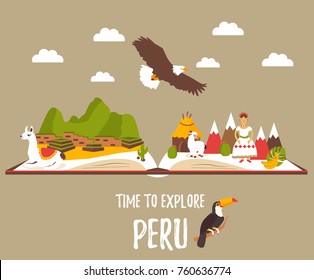 Tourist leaflet of Peru with cute lamas and landmarks 