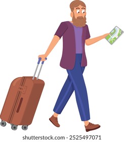 Tourist look on map. Traveling man walking with suitcase