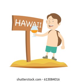A tourist looking excited after getting to Hawaii cartoon illustration