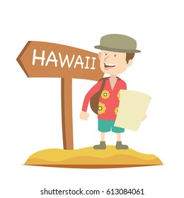 A tourist looking excited after getting to destination cartoon illustration